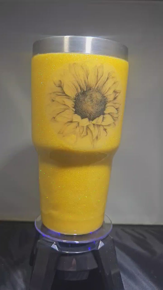 30oz Yellow Glitter Dipped Stainless Steel Tumbler with Sunflower